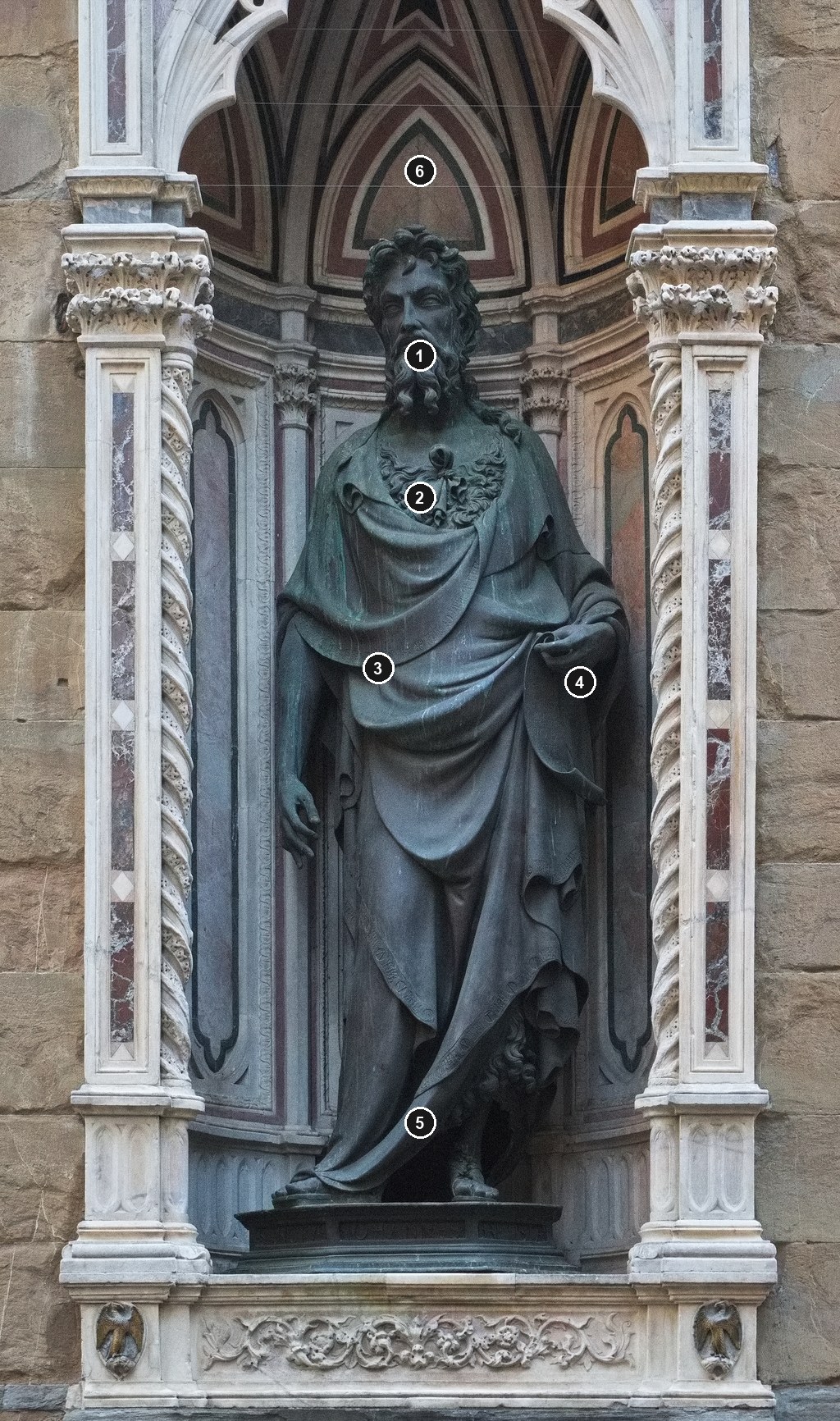 Annotated exterior replica of Ghiberti’s St John the Baptist at Orsanmichele